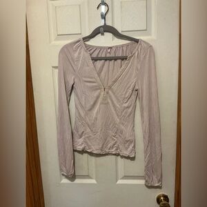 Free People V-Neck Long Sleeve Top - Light Pink/Beige